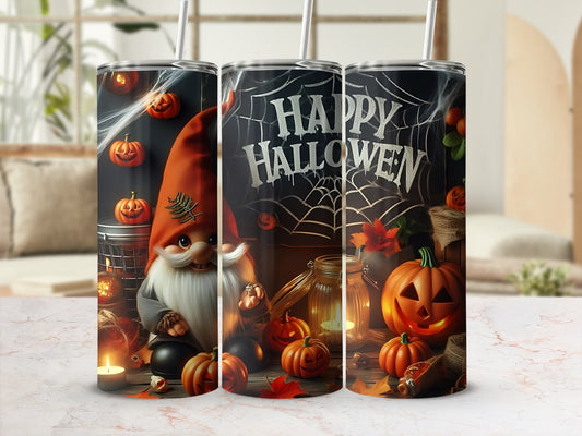Tumbler with gnome, pumpkins, cobwebs, and "Happy Halloween" text.