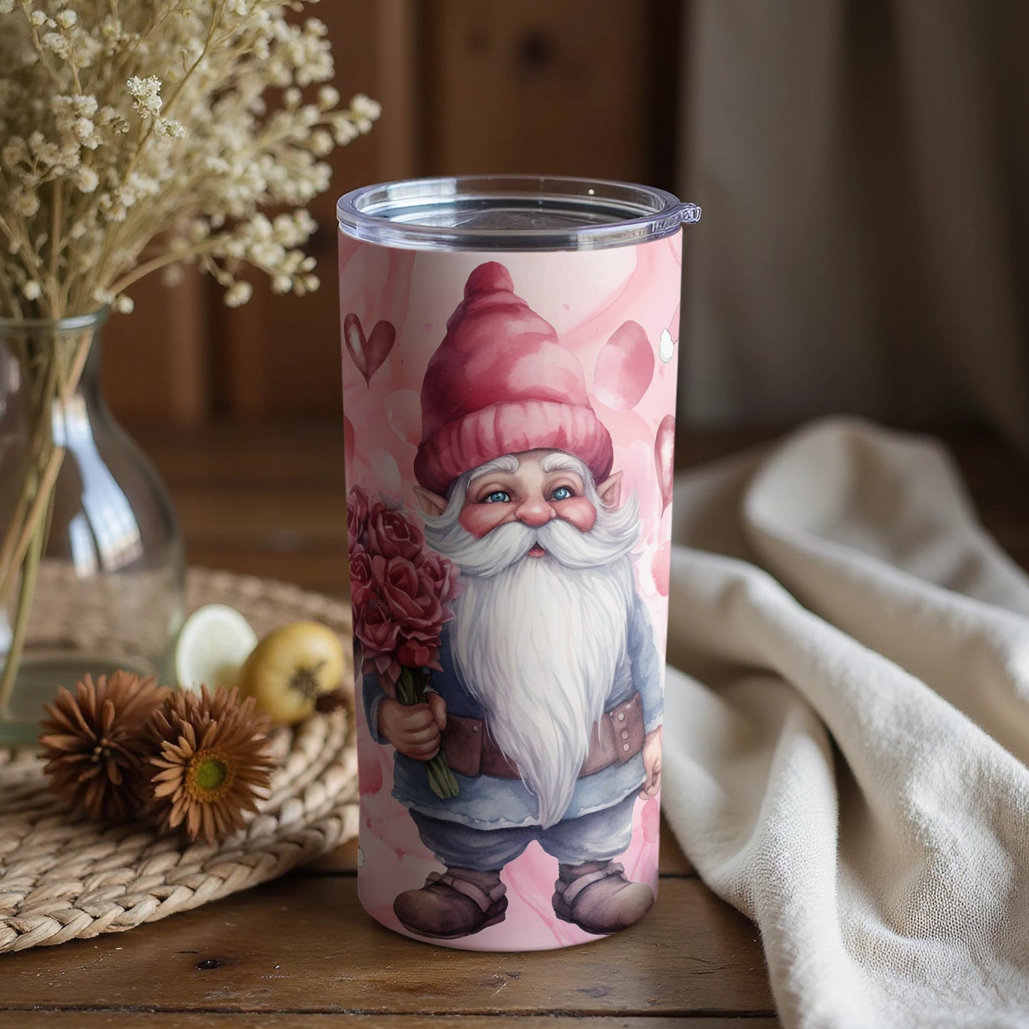 Cute Gnome with Roses Valentine's Day Travel Mug