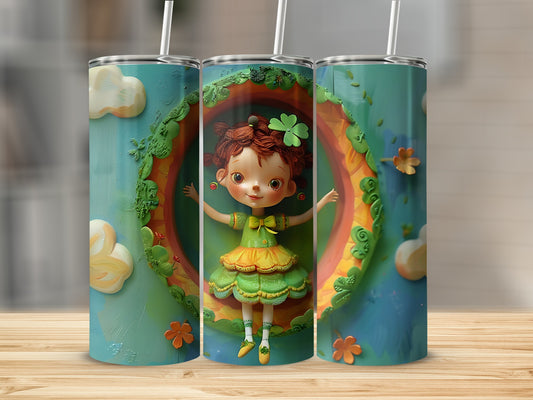 Happy cartoon girl in green dress with shamrock on rainbow arch tumbler.
