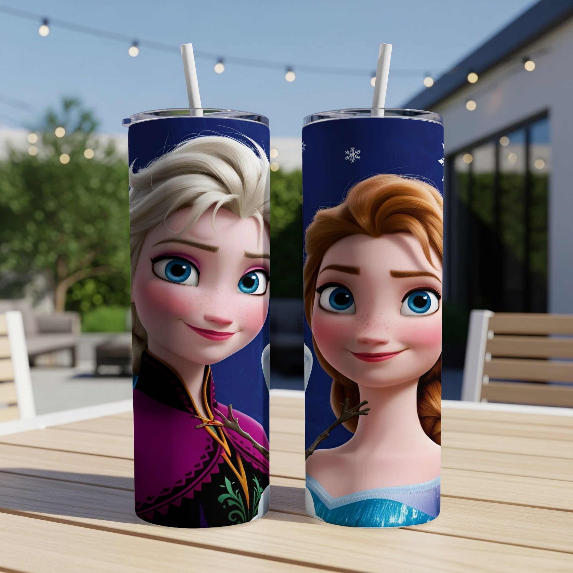 Two cartoon girls with blonde and red hair, likely Elsa and Anna from Frozen.