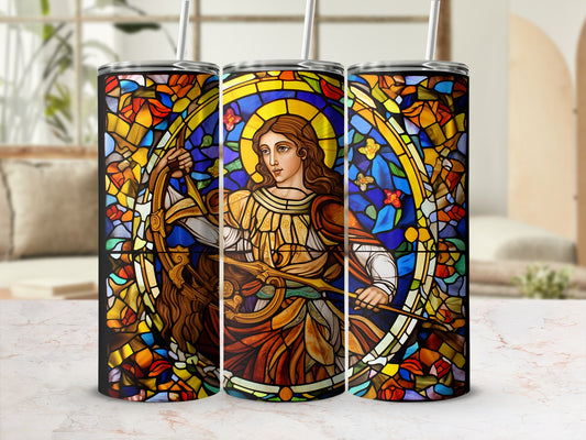 Stained glass tumbler with an angelic figure holding a bow and arrow.