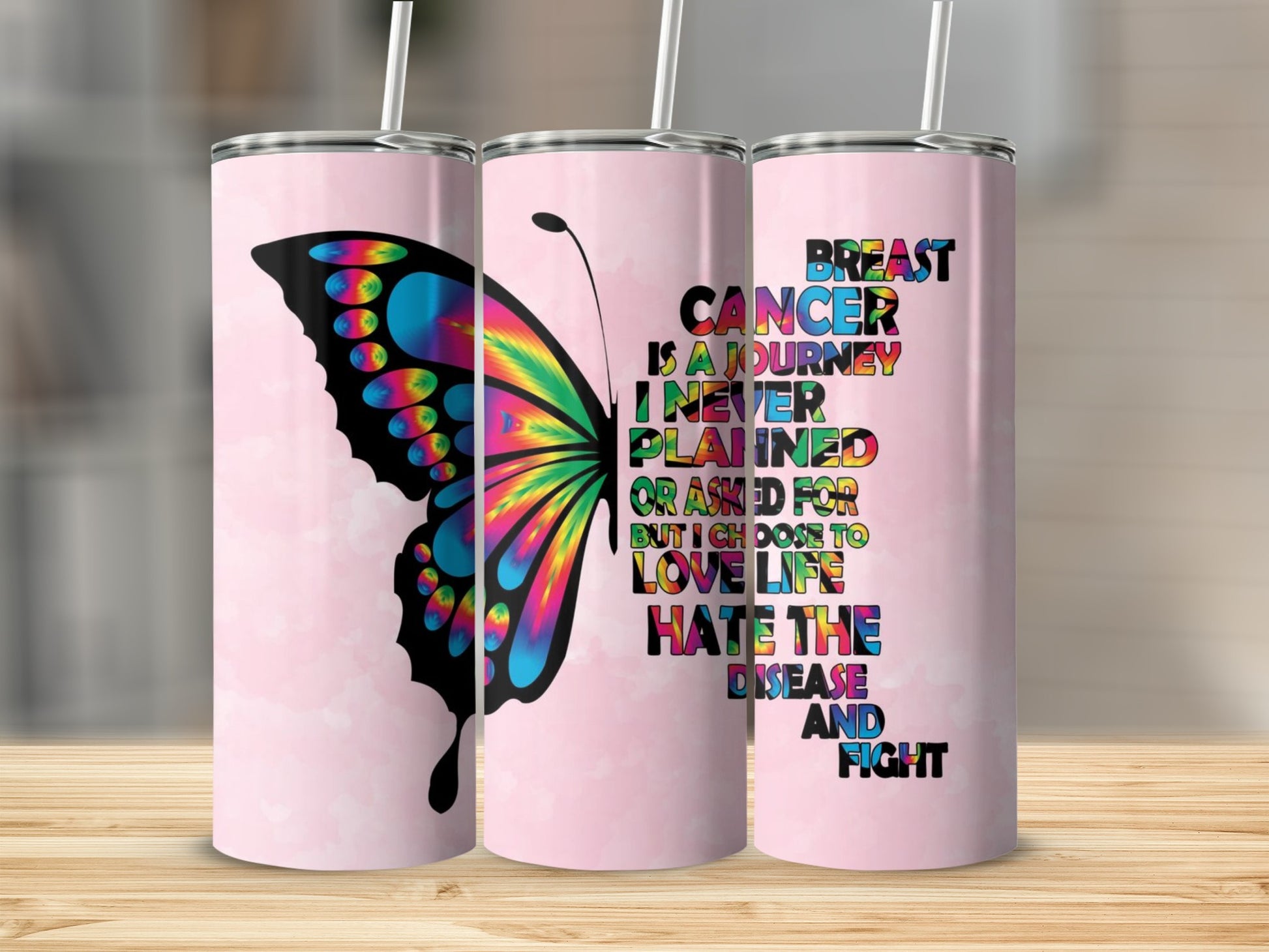 Colorful Butterfly Breast Cancer Awareness Tumbler