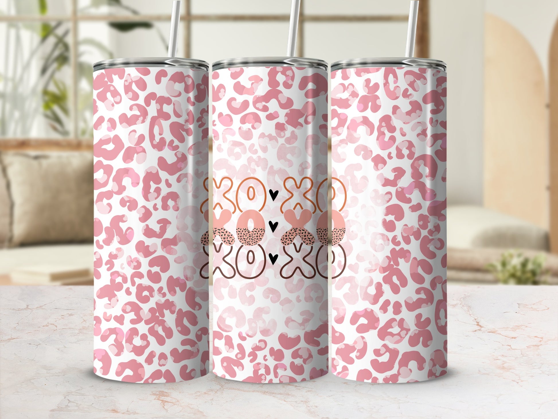 Pink Leopard and Heart Print Tumbler with Straw Cup