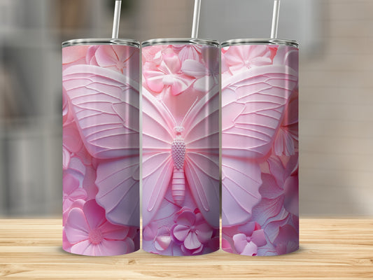 Pink butterfly and floral pattern on three tumblers.