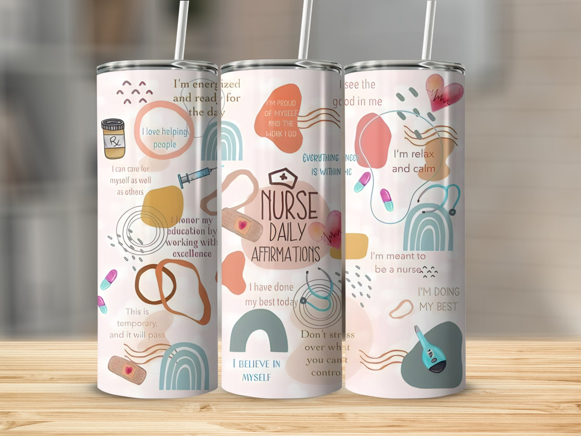 Nurse affirmations on a white tumbler with pastel wavy lines and icons.