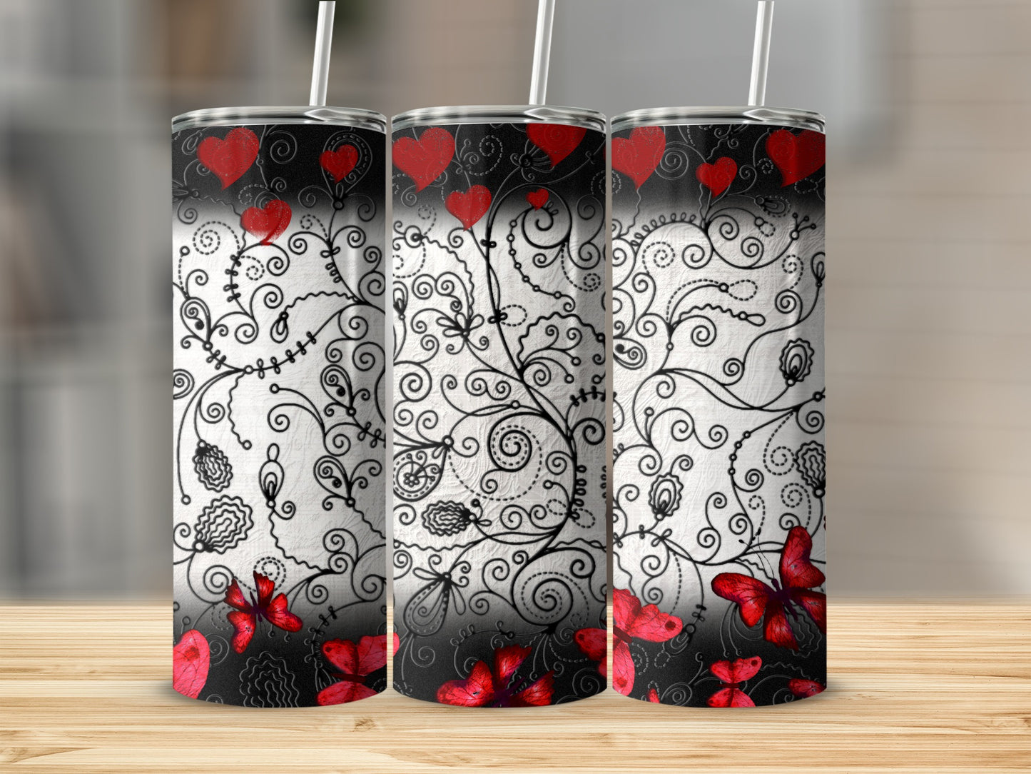 Black White Scroll Hearts Butterflies Pattern product type
