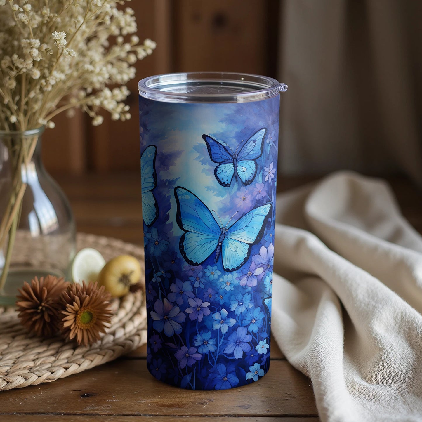 Blue Butterflies Tumbler with Lid for Nature Lovers