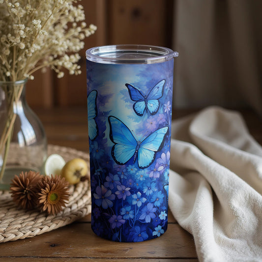 Blue Butterflies Tumbler with Lid for Nature Lovers