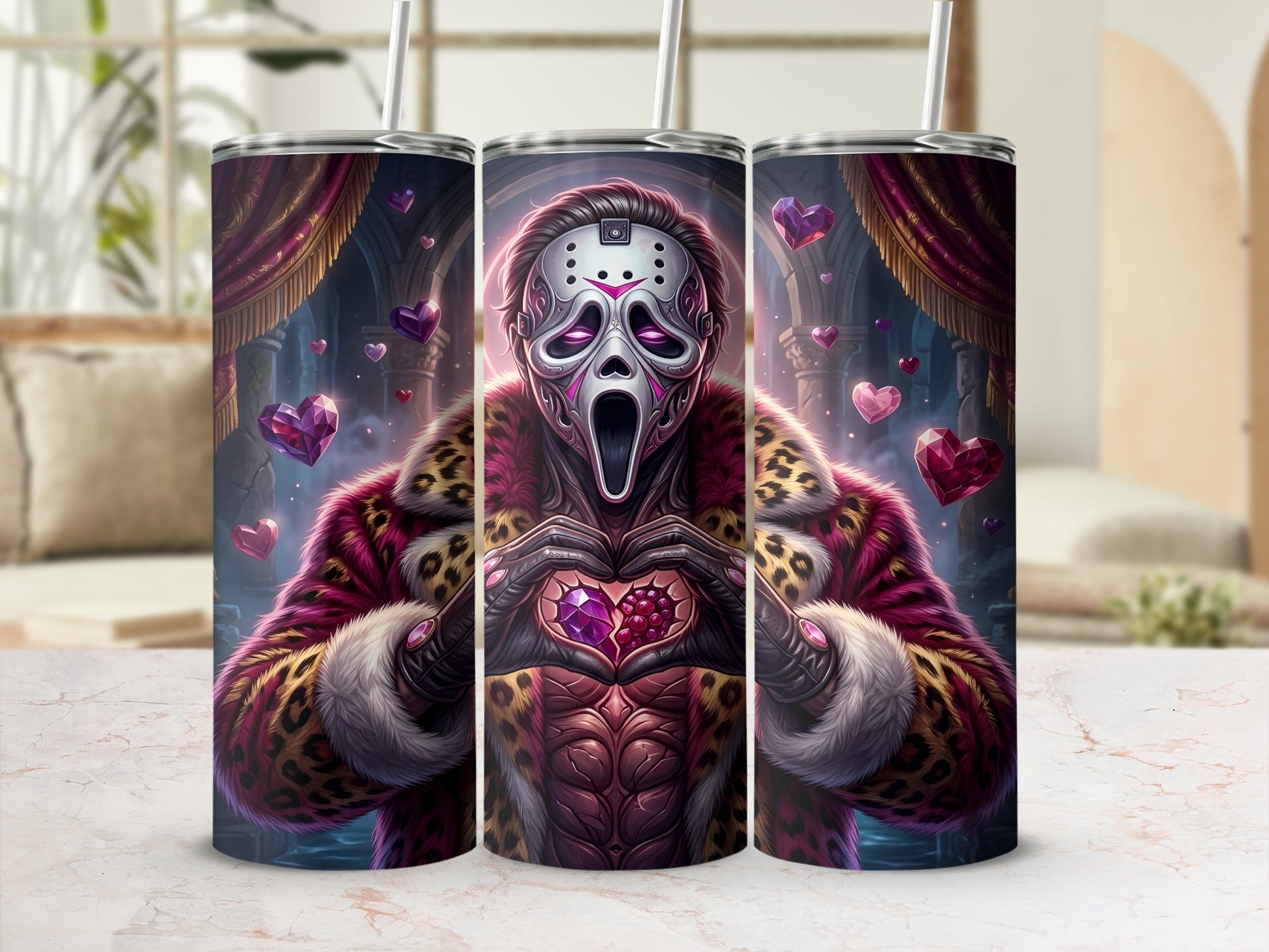 Tumbler with horror mask character, leopard print, and gemstone hearts.