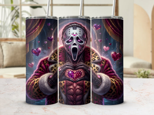 Tumbler with horror mask character, leopard print, and gemstone hearts.