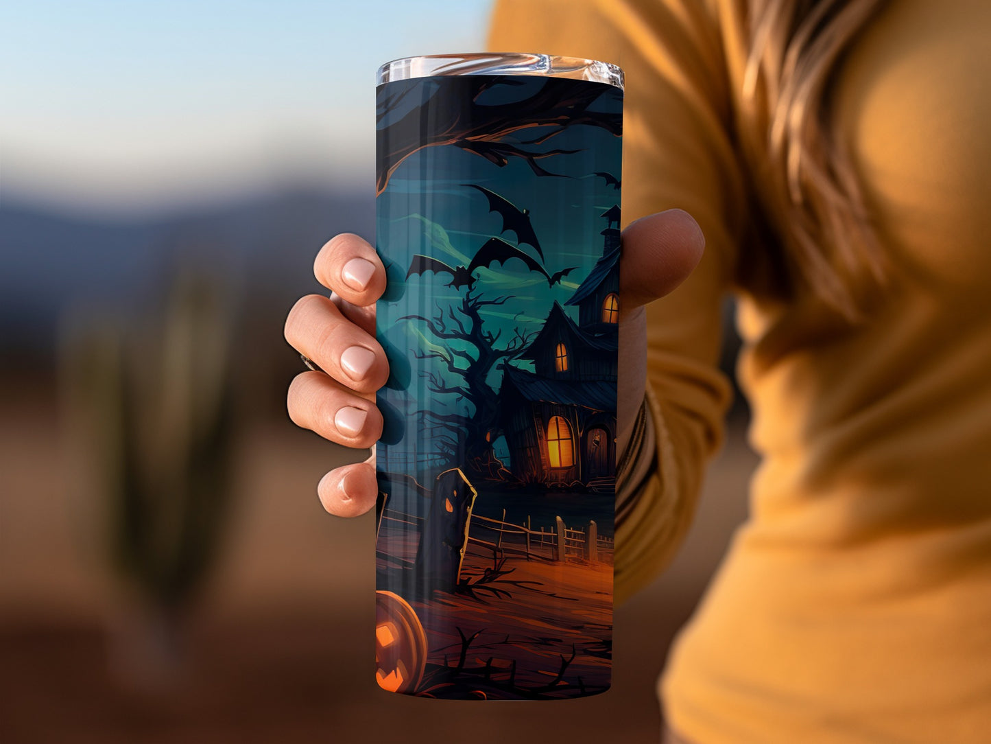 Spooky Haunted House and Bats Halloween Tumbler Design