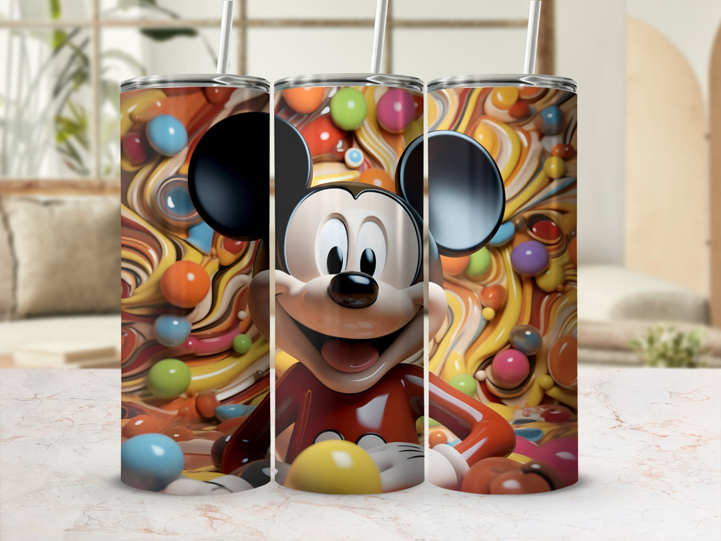 Colorful Mickey Mouse Tumbler with Candy Background
