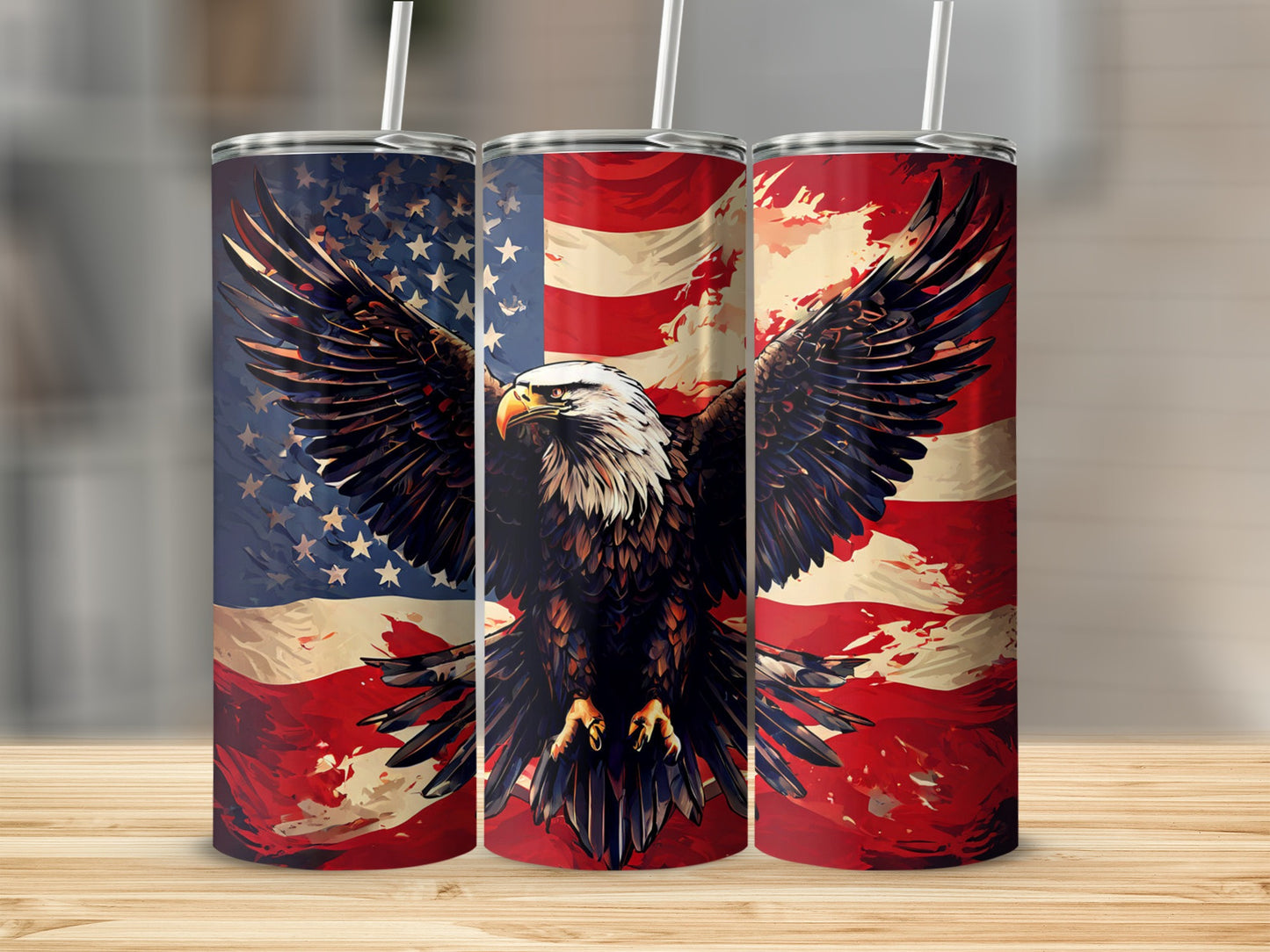 Patriotic tumbler with eagle and American flag design.