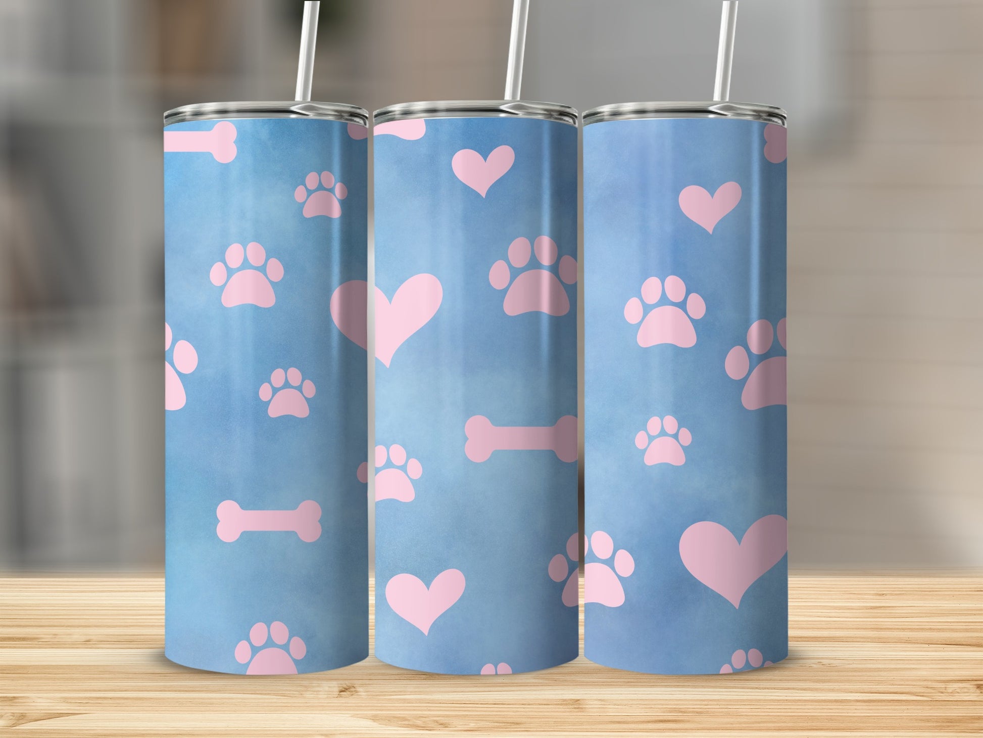 Cute Pink Paw and Heart Pattern Blue Tumbler