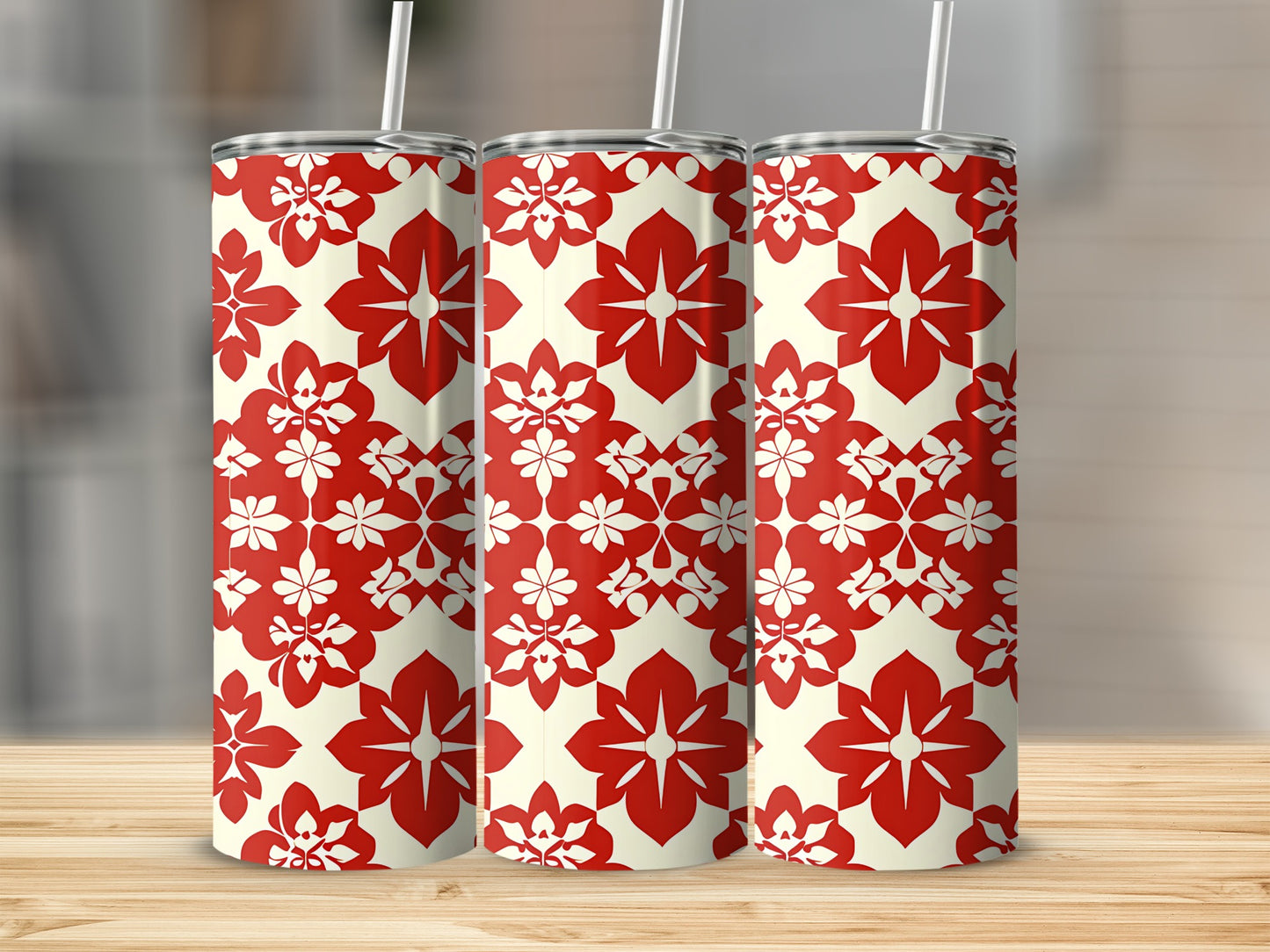 Red and White Floral Pattern Insulated Drink Tumbler