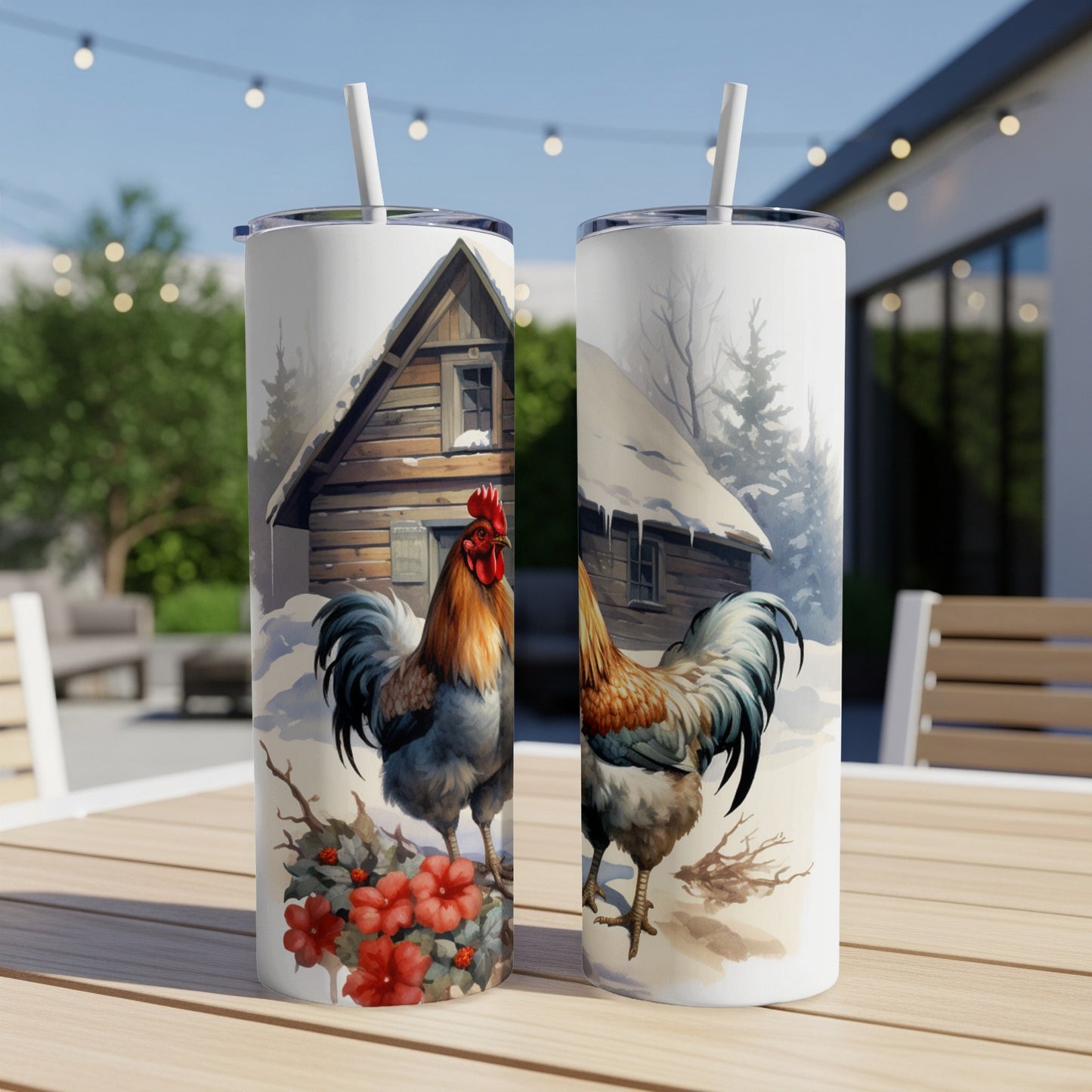 Rooster and winter cabin scene on two white tumblers with straws.