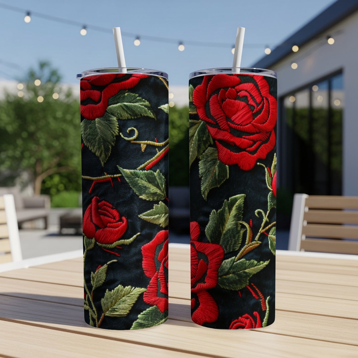 Two tall tumblers with a red rose floral embroidered design.