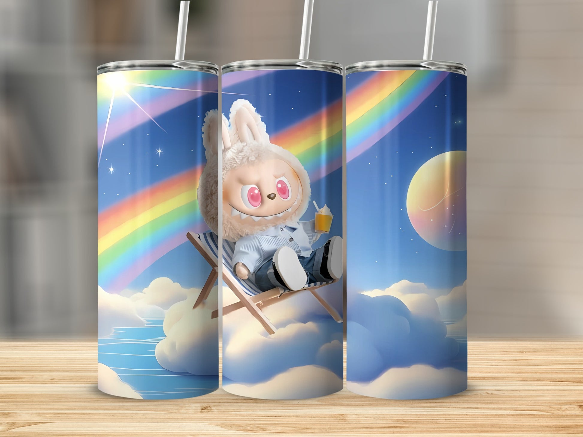 Cute Bunny Relaxing Under Rainbow Tumbler Cup