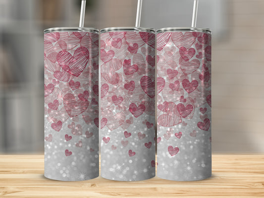 Pink and Silver Heart Pattern Tumbler for Valentine Gift