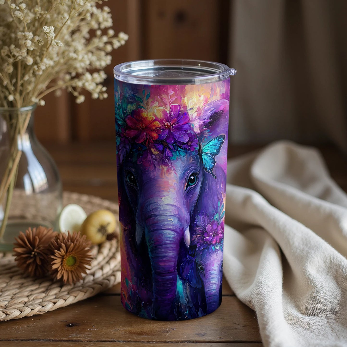Colorful Elephant and Flowers Design Tumbler