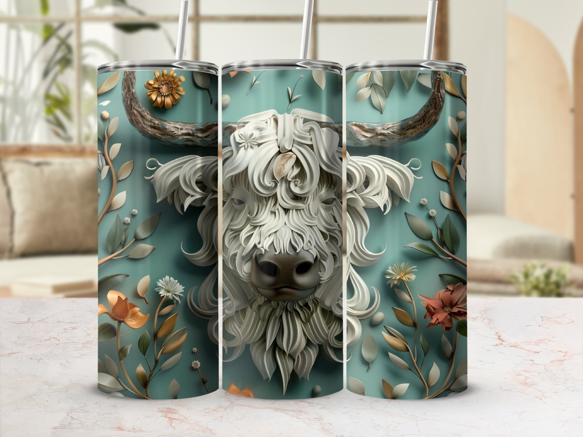 Highland cow with floral accents on a teal tumbler.