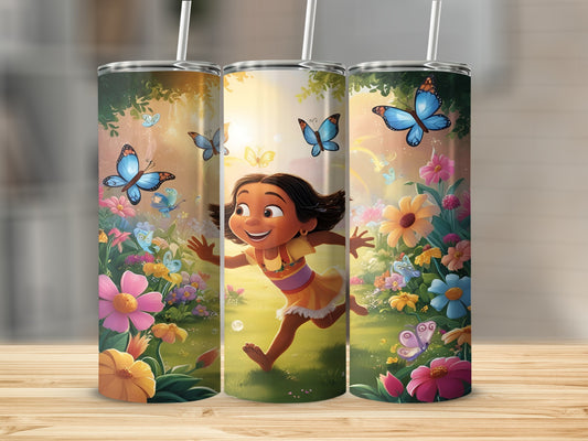 Girl running through a field of flowers and butterflies.