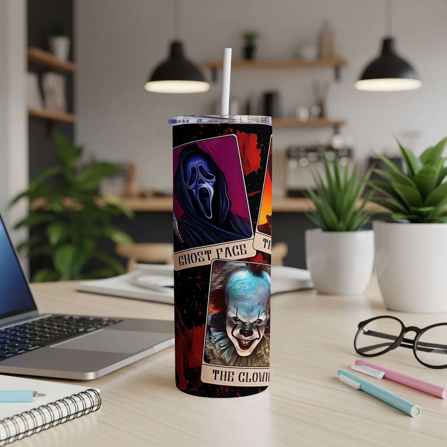 Tumbler with Ghost Face and The Clown horror movie character art.