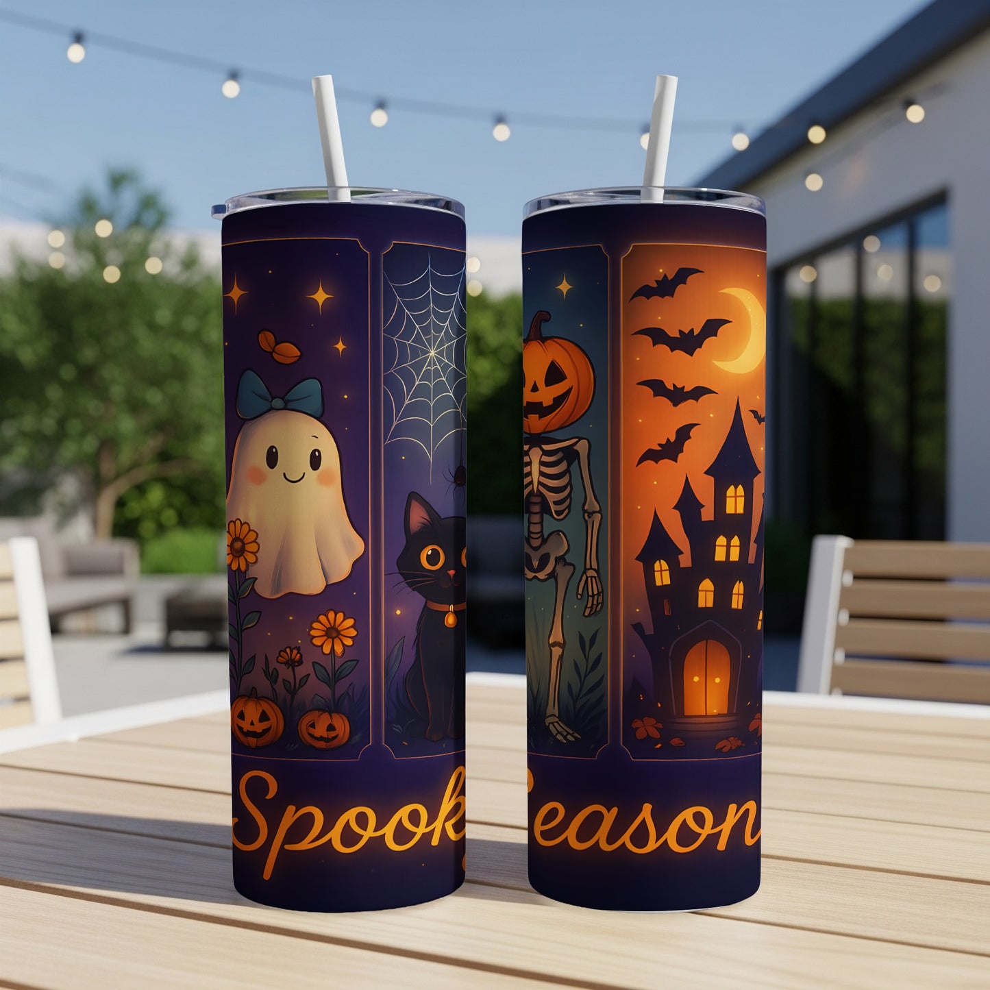 Two tumblers with Halloween graphics, text "Spook Season", ghost, cat, skeleton, and haunted house.