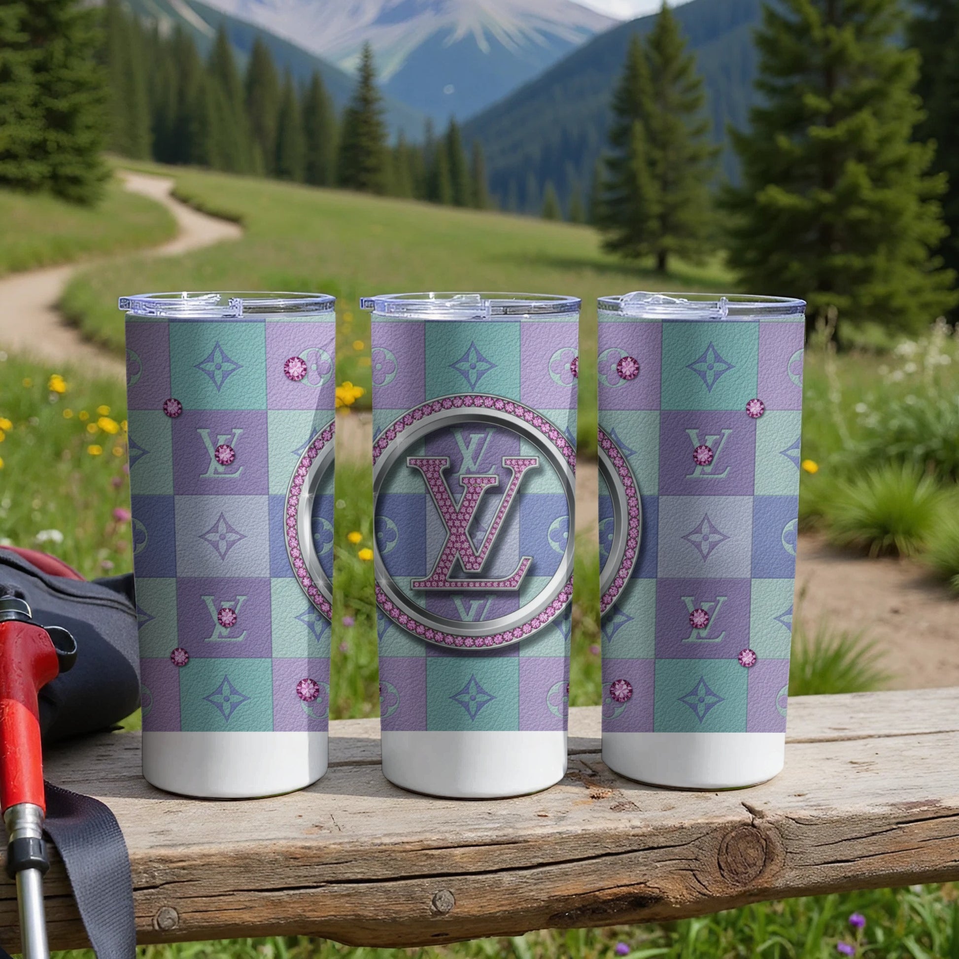 Lavender Blue Checkered Design Insulated Tumbler Flask
