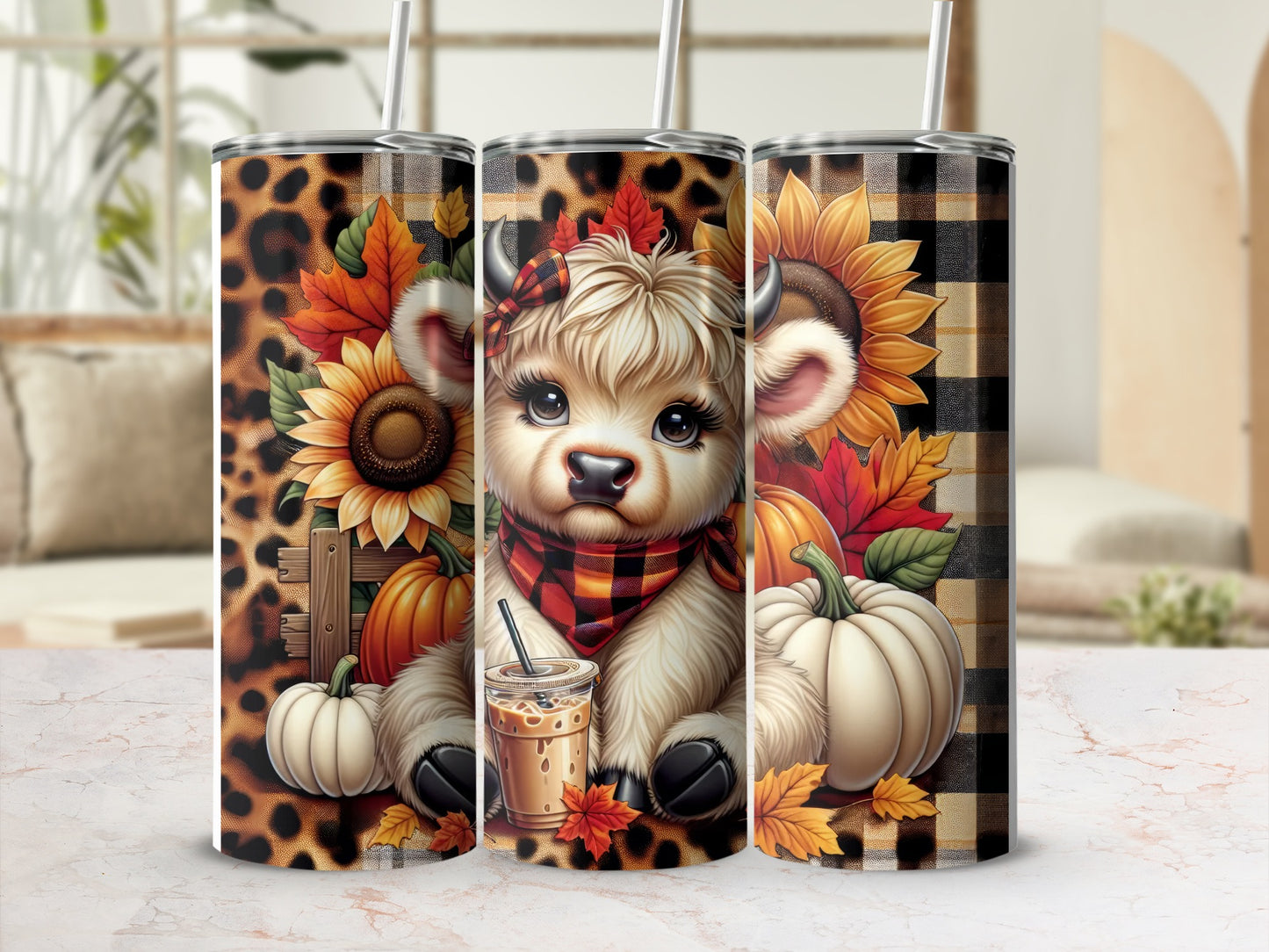Cute calf in plaid scarf with pumpkins and sunflowers on a leopard print tumbler.