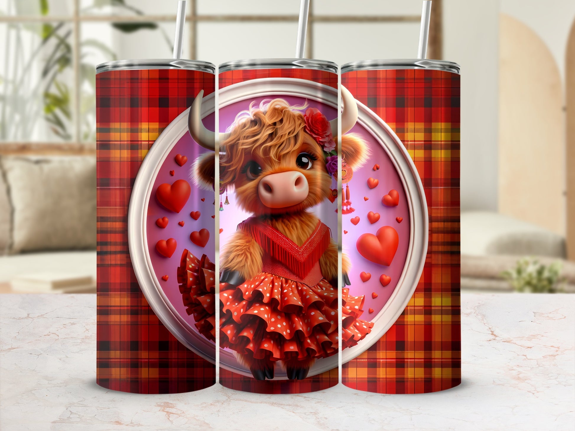 Highland cow in a red ruffled dress and flower crown, surrounded by hearts.