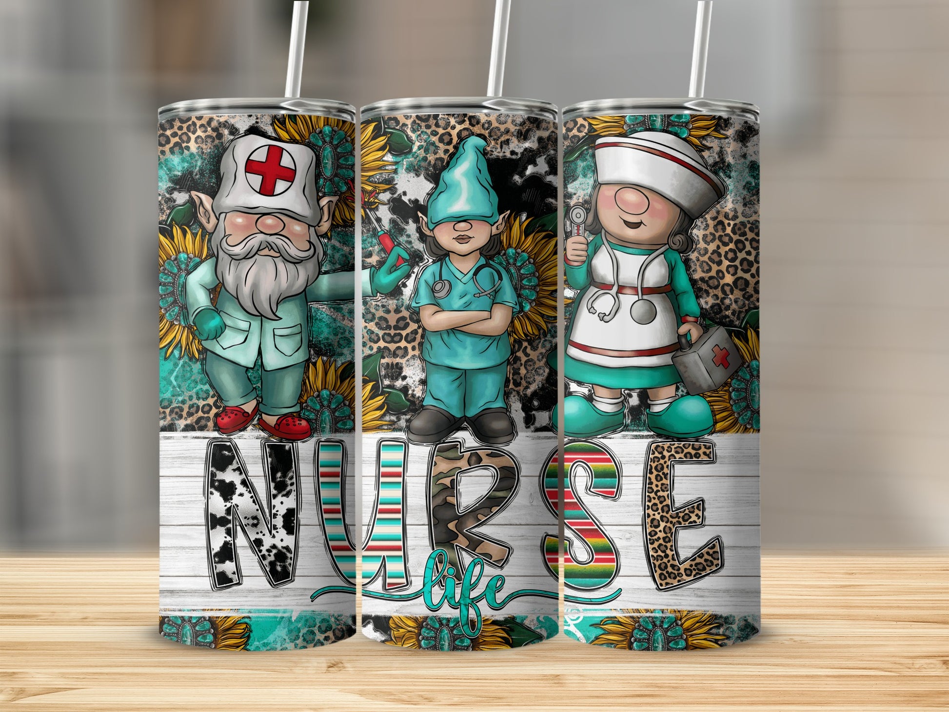 Three nurse gnomes with sunflowers on a wood grain background.