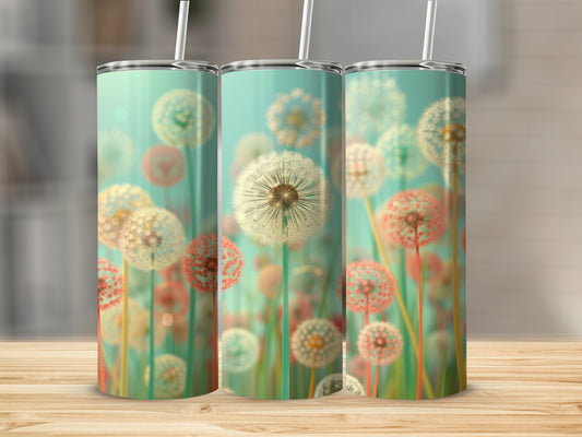 Three tumblers featuring dandelion seed heads against a soft teal background.