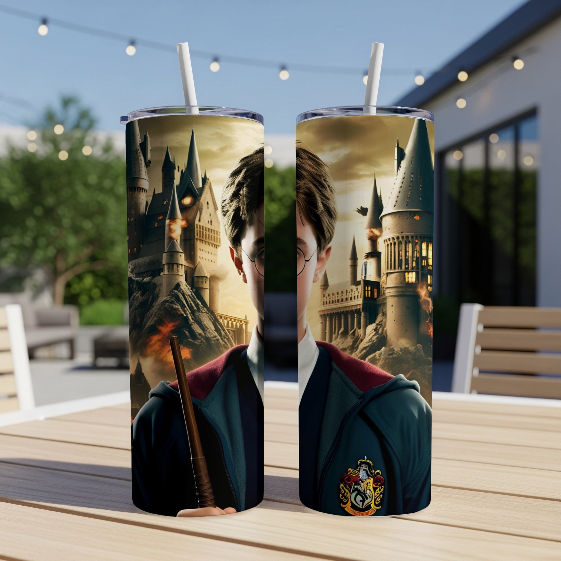 Harry Potter wizard holding wand with Hogwarts castle background.