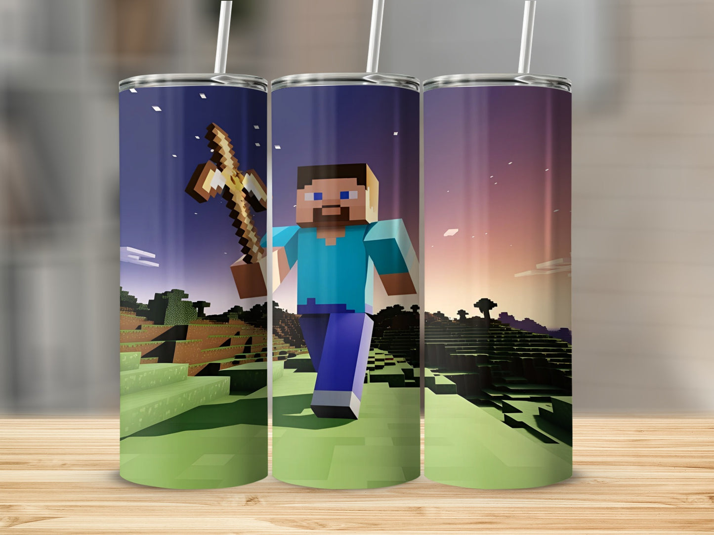 Steve from Minecraft holds a golden axe in a blocky, pixelated landscape.