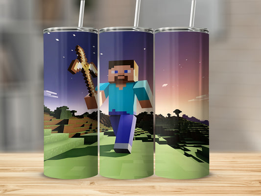 Steve from Minecraft holds a golden axe in a blocky, pixelated landscape.