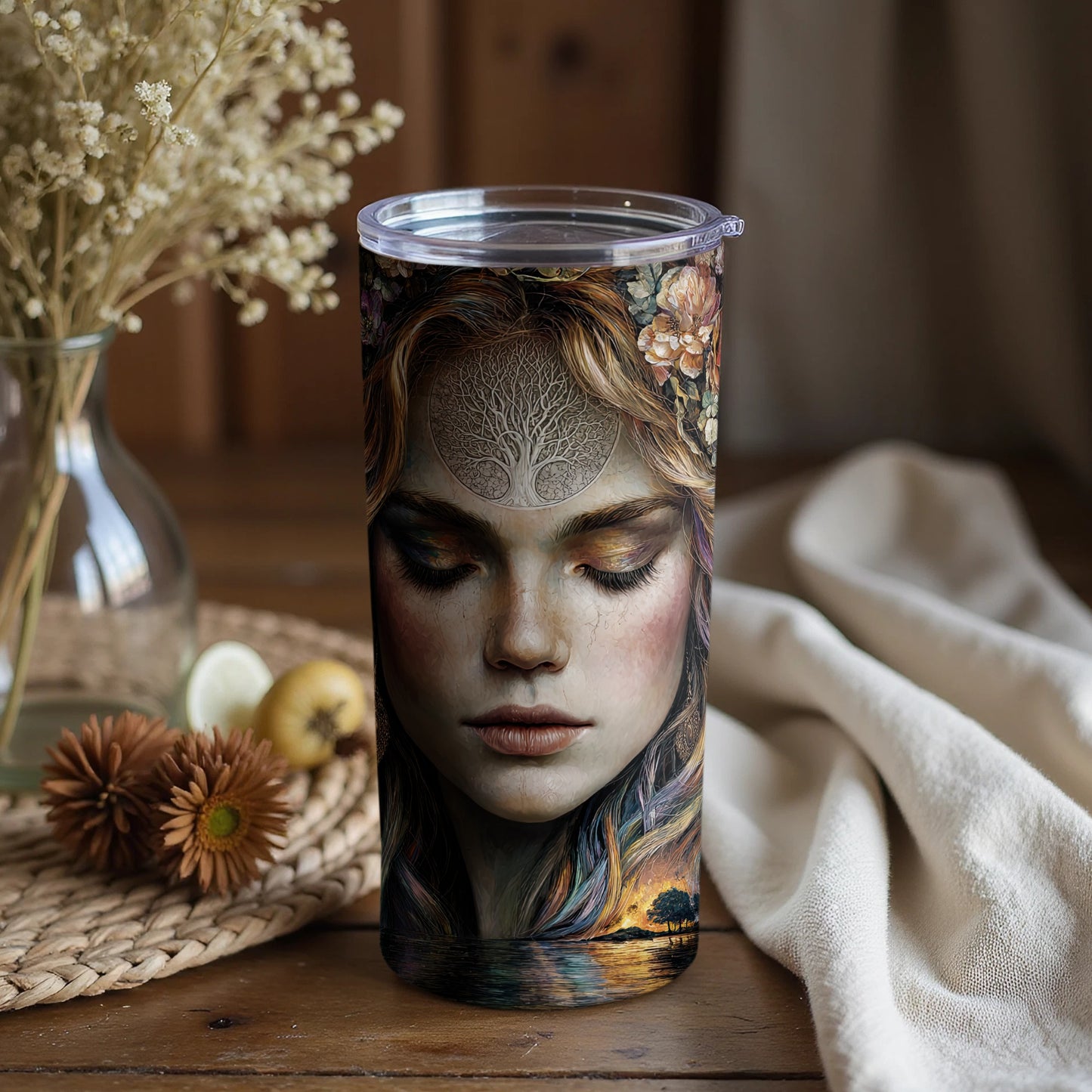 Artistic Woman's Face and Floral Tumbler