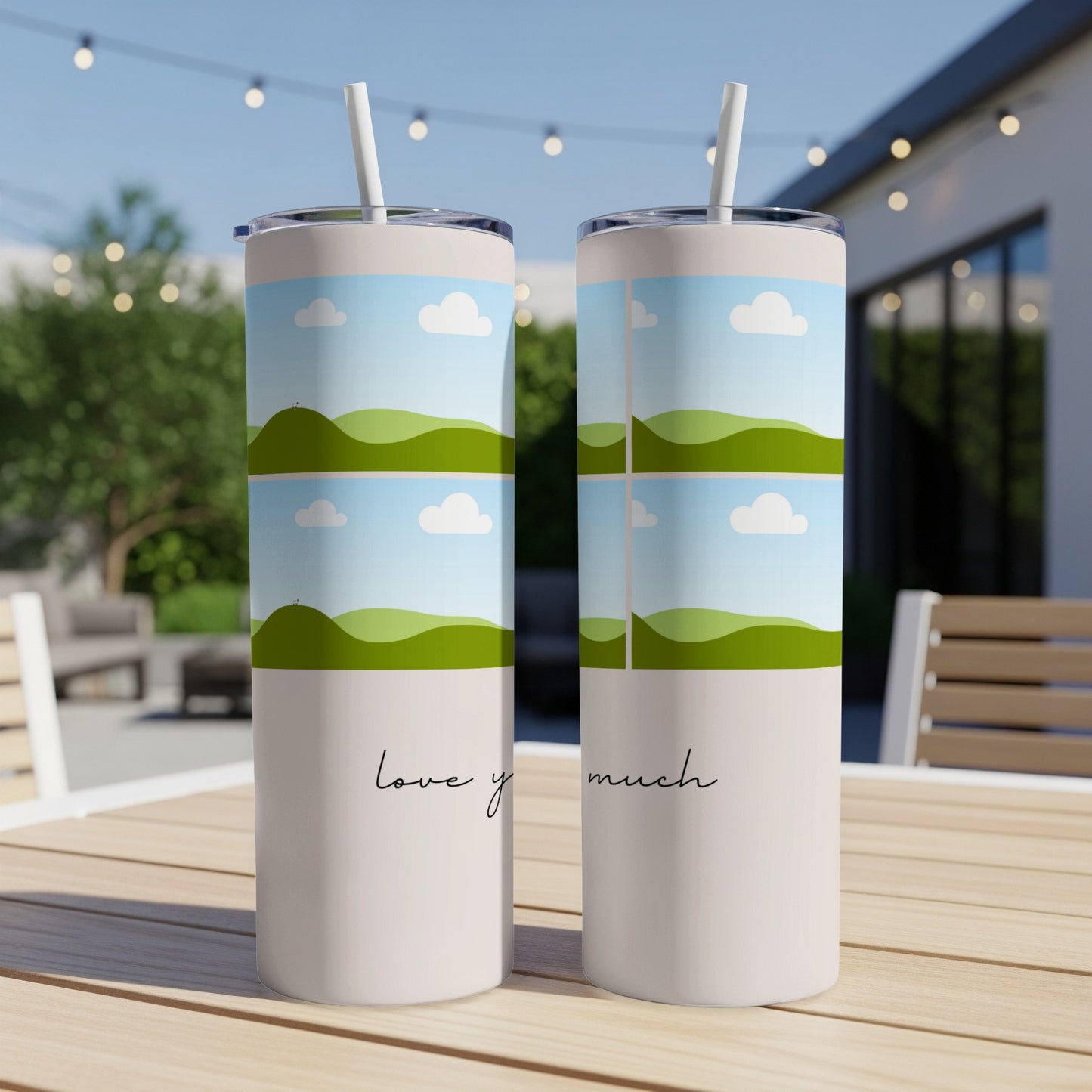 Two white tumblers with landscape illustration and "love y much" text.