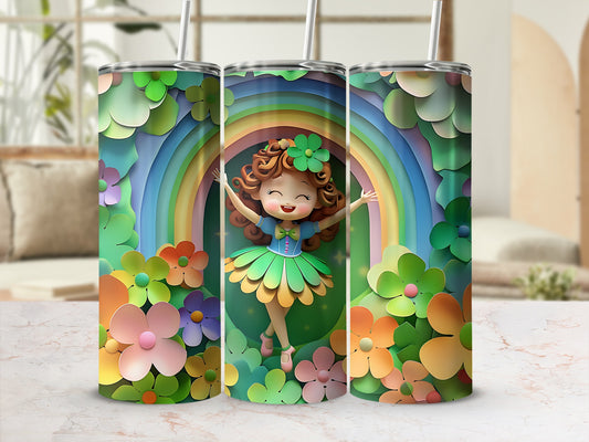 Three tumblers with a cartoon girl, rainbow, and flowers design.