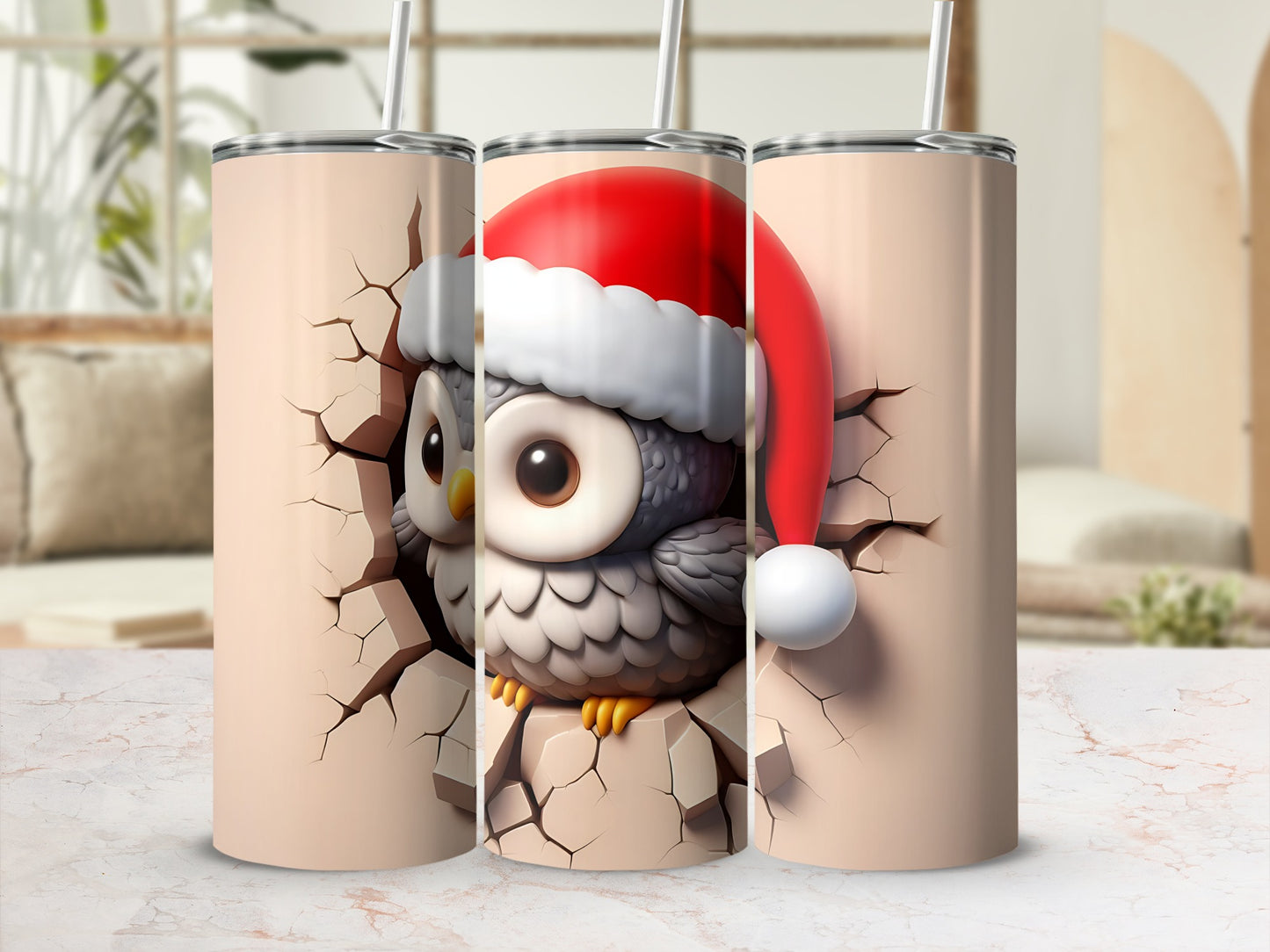 Three tumblers featuring a cute owl in a Santa hat breaking through cracked plaster.