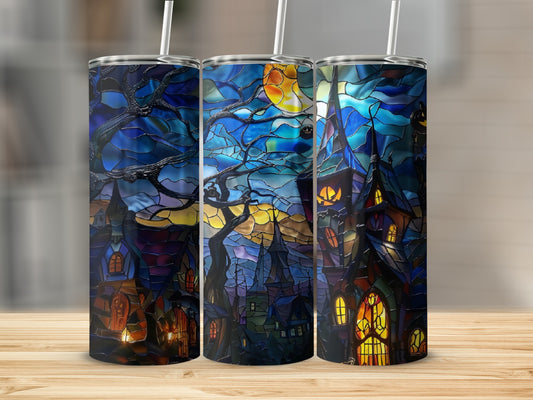 Stained glass tumbler featuring a spooky haunted house scene with moonlit sky.