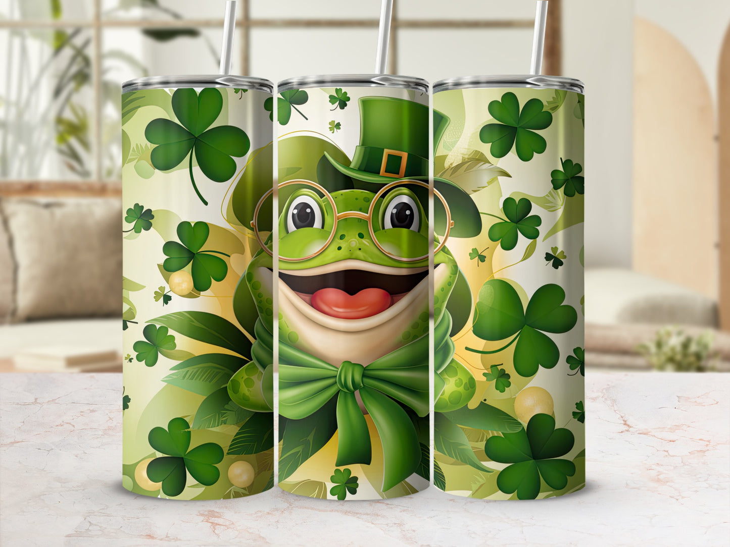 Green frog in a hat and glasses with shamrocks on a tumbler.