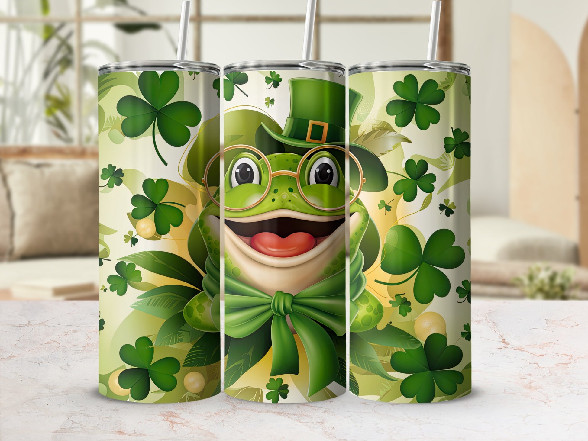 Green frog in a hat and glasses with shamrocks on a tumbler.