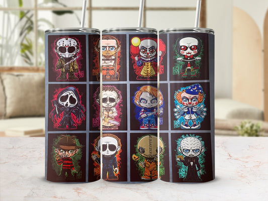 Tumbler featuring cartoon horror characters: Ghostface, Pennywise, Freddy, Michael, Chucky, Jigsaw, Jason, and Pinhead.