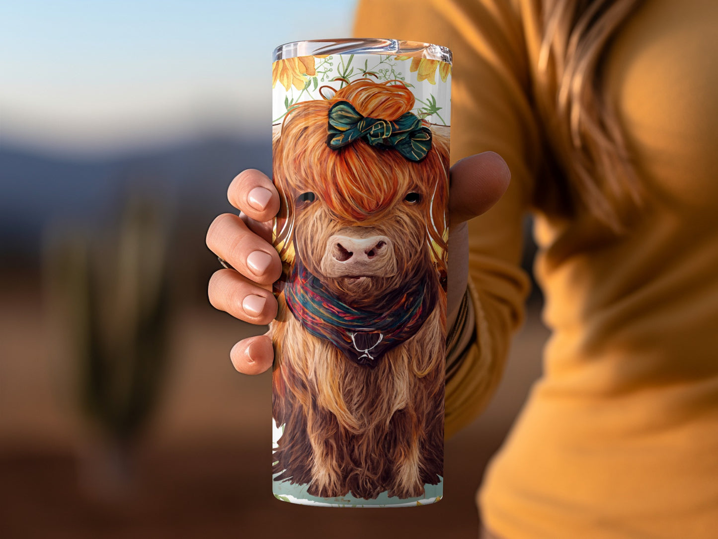Highland Cow with Green Bow Tumbler Stainless Steel Flask