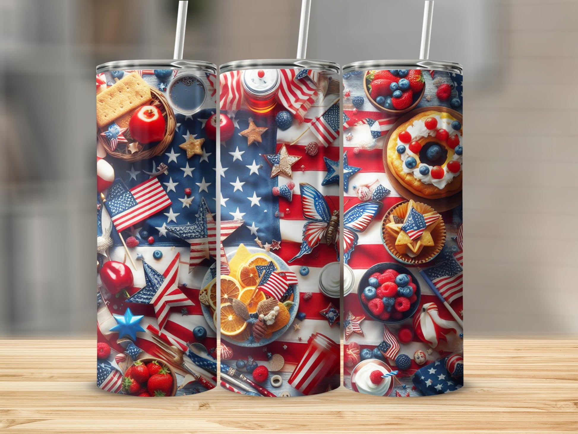 Patriotic tumblers with American flags, berries, and fruit designs.