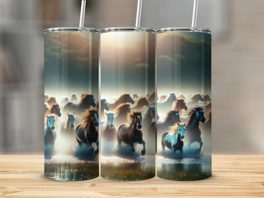 Three tumblers with galloping horses in misty sunlight.