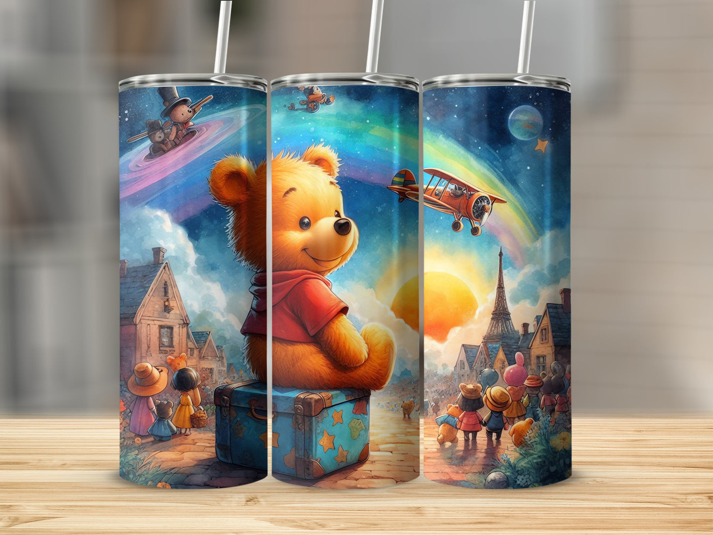 Teddy Bear Adventures in Paris Artwork Scene Novelty Tumblers