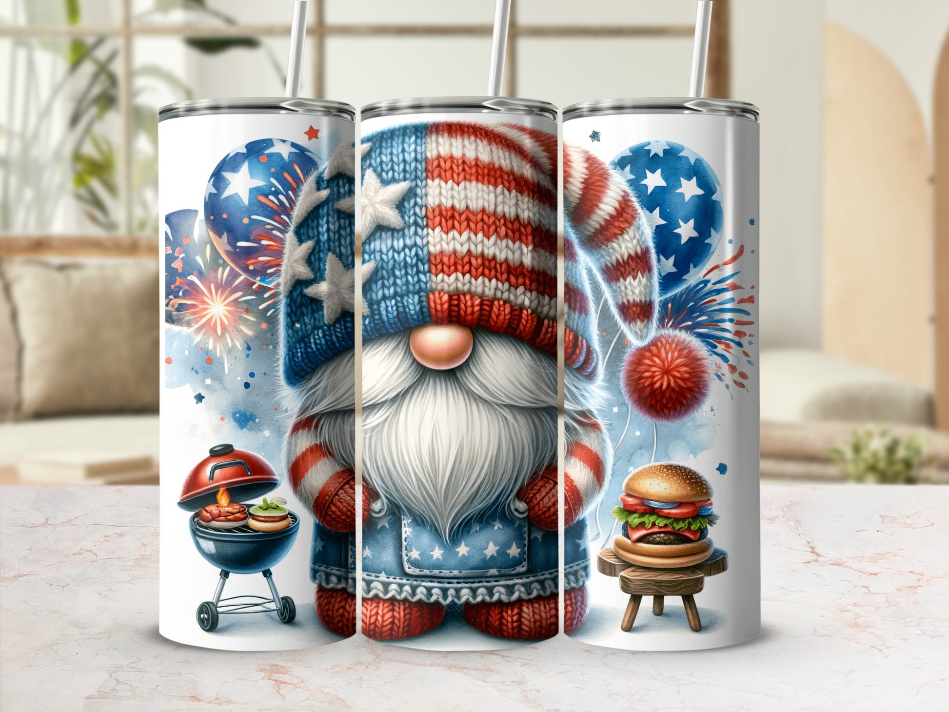 Patriotic gnome with American flag hat holding a hamburger and a grill.