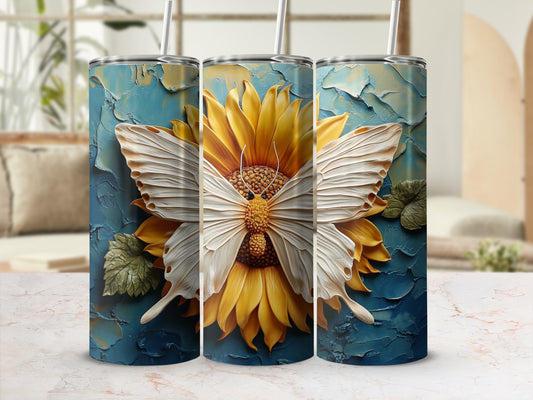 Artistic Butterfly Sunflower Textured Blue Tumbler